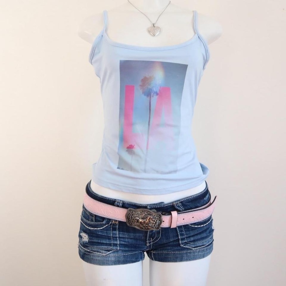 y2k la palm tree cami blue graphic summer top